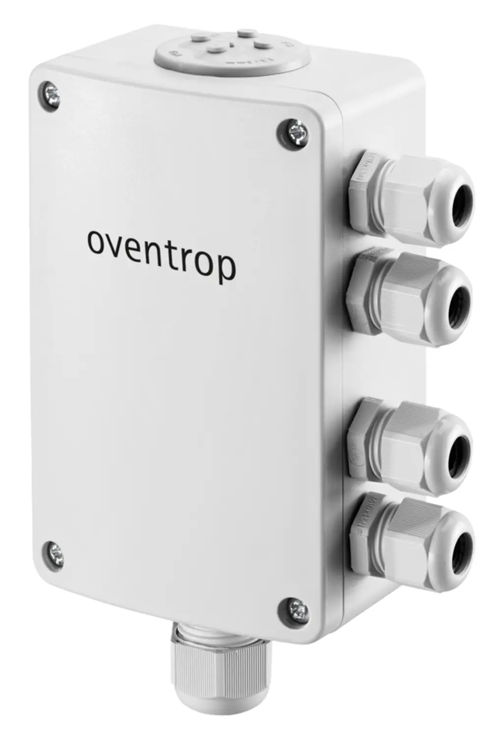 Weißes Feldmodul mit mehreren Anschlussmöglichkeiten, vermutlich für die Temperaturerfassung. Gehäuse aus Kunststoff, Logo "Oventrop" sichtbar auf der Vorderseite.